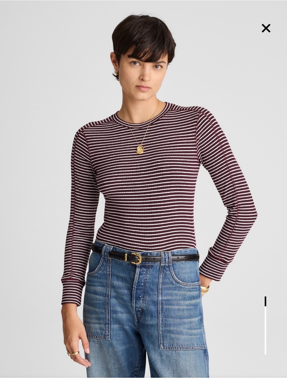 Madewell NWT Striped Long Sleeve Crewneck Top - Burgundy & White